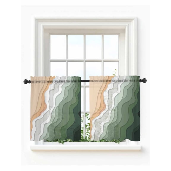 Sage Green Beach Tier Curtains 24 Inch Length,Sheer Curtains for Bedroom Living Room Window Farmhouse Coastal Ombre Sea Waves Art Voile Drapes Kitchen Curtains Small Half Window 27.5"x24" 2 Panels