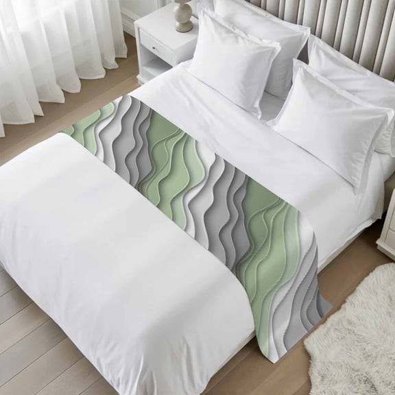 Sage Green Bed Runner Scarf, and Grey Ombre Stripes Geometric Color Gradient Twin Bed Scarf Runner, No Fading Decorative Bedding Scarf for Bedroom Hotels Homes and Guestrooms