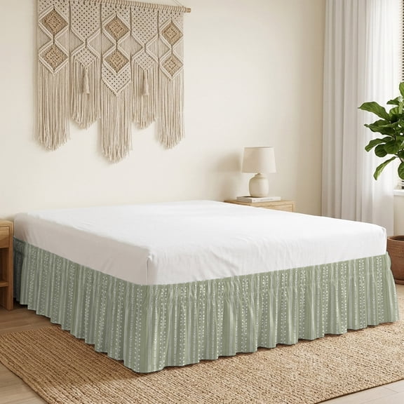 Sage Green Bed Skirt 18 Inch Drop, Rustic Vertical Dashed Lines Shabby Chic Leaf Cottagecore Wrap Around Dust Ruffle Bedskirt with Adjustable Elastic Belt for California King Size Beds