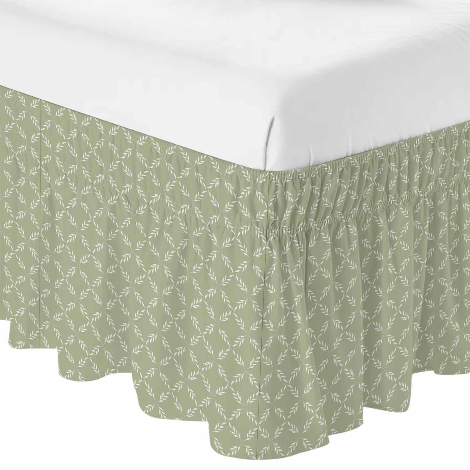 Sage Green Bed Skirt Cal King Size 18 Inch Drop, Adjustable & Elastic Wrap Around Bed Skirts Pleated Dust Ruffles For Twin Full Queen Cal King Base Beds, Geometric Flower Leaf Diamond Plaid Retro