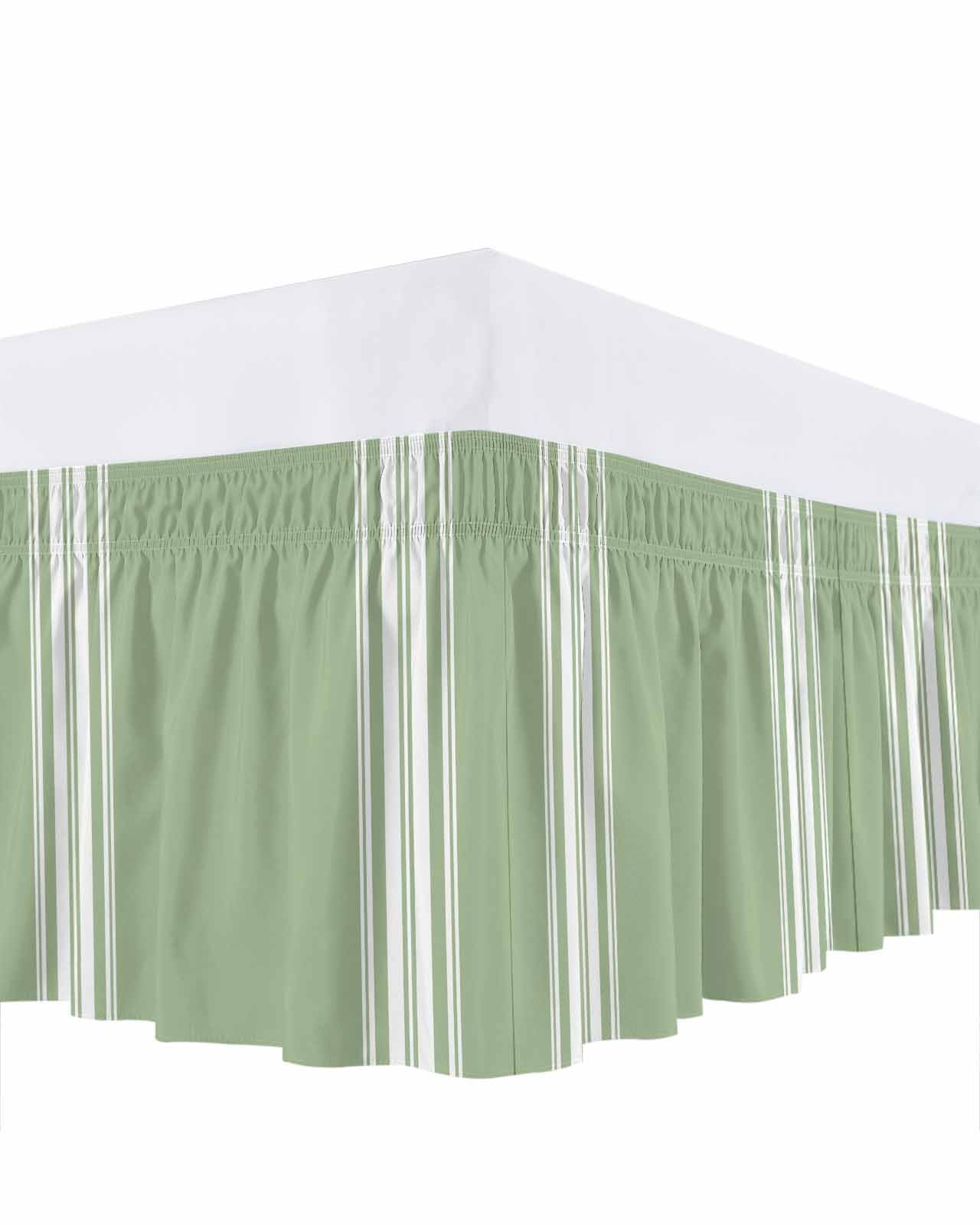 Sage Green Bed Skirt King Size 18" Drop White Striped Ruffled Wrap Around Bed Skirts Adjustable Elastic Bedskirt Dust Ruffle for King Size Bed