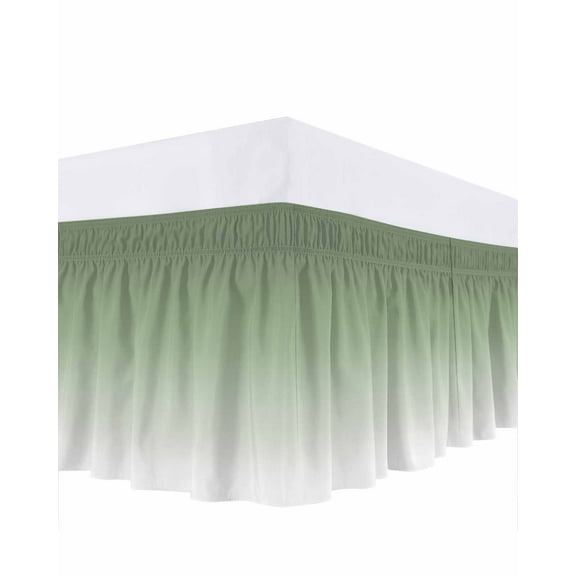 Sage Green Bed Skirt Queen Size 16" Drop and White Ombre Color Gradient Ruffled Wrap Around Bed Skirts Adjustable Elastic Bedskirt Dust Ruffle for Queen Size Bed
