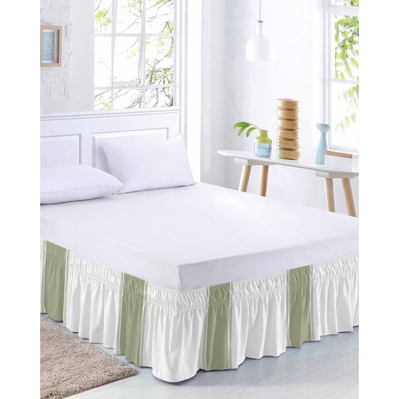 Sage Green Bed Skirt Queen Size 16 Inch Drop, Stripe Adjustable Elastic Dust Ruffles Bedskirt for Queen Bed Wrap Around Pleated Mattress Frame Cover