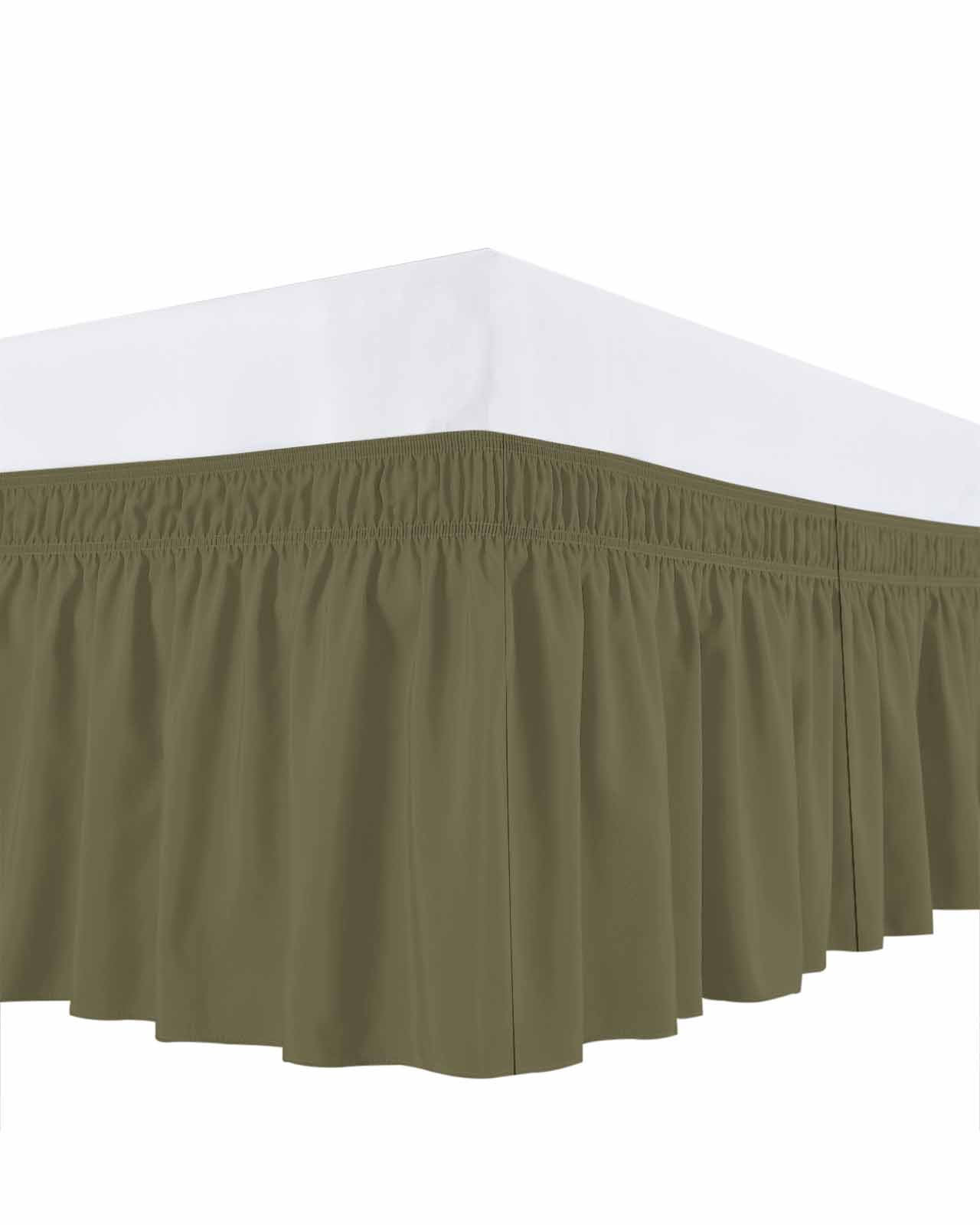 Sage Green Bed Skirt Queen Size, Brown Solid Color Simple Abstract Wrap Around Bed Skirting with Adjustable Elastic Strap, Dust Ruffle Pleated Bedskirts 18 Inch Drop for Bedroom Queen Beds