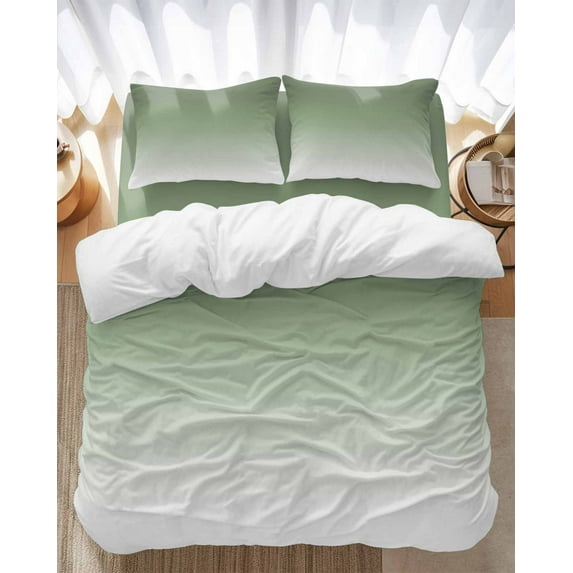 Sage Green Bedding Duvet Cover Set Full Size 4 Pieces and White Ombre Color Gradient Bedding Set with Zipper Closure, 1 Comforter Cover 86x86 Inches 1 Flat Sheet & 2 Pillow Cases