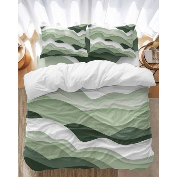 Sage Green Bedding Duvet Cover Set Full Size 4 Pieces and White Ombre Striped Wave Gradient Bedding Set with Zipper Closure, 1 Comforter Cover 86x86 Inches 1 Flat Sheet & 2 Pillow Cases