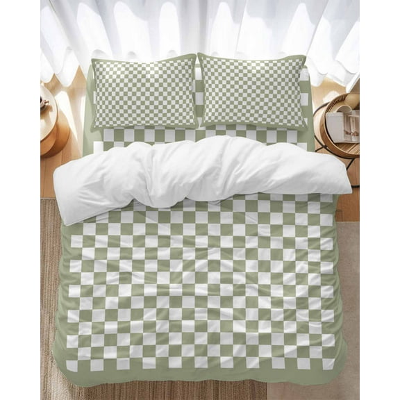 Sage Green Bedding Duvet Cover Set King Size 4 Pieces Checkerboard Plaid Soft Twill Plush Quilt Cover, Include 1 Duvet Cover 1 Flat Sheet And 2 Pillow