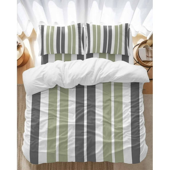 Sage Green Bedding Duvet Cover Set Twin Size 4 Pieces and Grey Striped Rectangular Geometric Bedding Set with Zipper Closure, 1 Comforter Cover 68x86 Inches 1 Flat Sheet & 2 Pillow Cases