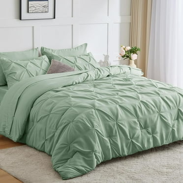 Sage Green Bedding Set (82"x86") 7 Pieces Light Green Comforter Full Pintuck Design Bed in a Bag Full Size Bed Set Pinch Pleated Sage Green Bedding Complete Set with Sheets,Pillowcases&Shams