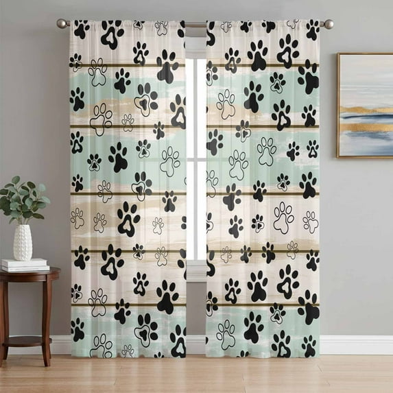 Sage Green Beige Farmhouse Sheer Curtains 63 Inch Length 2 Panels Set, Black Dog Paw Vintage Wooden Voile Window Treatment Rod Pocket Curtains Sheers Drapes for Bedroom/Living Room/Kitchen 52x"63"x2