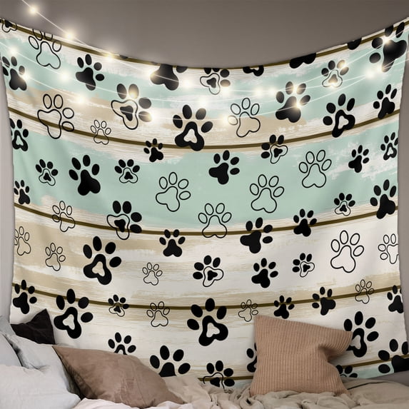 Sage Green Beige Farmhouse Small Tapestry for Bedroom Wall Hanging Tapestry,Black Dog Paw Vintage Wooden Ceiling Backdrop Tapestries Poster Blanket Wall Decor for Teens Room Living Room 23" x 28"
