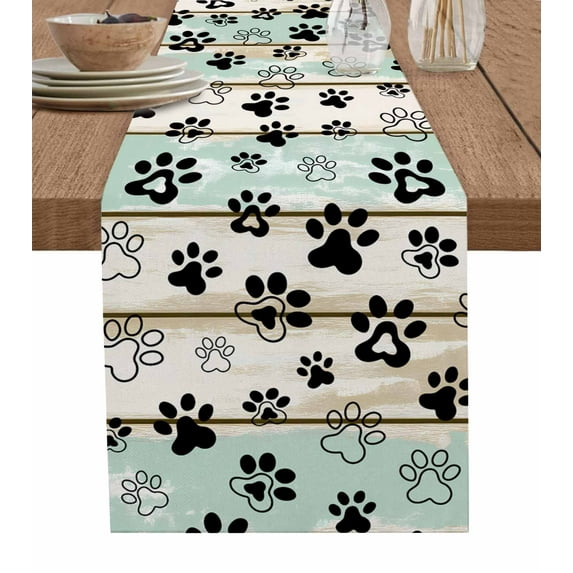 Sage Green Beige Farmhouse Table Runner 90 Inches, Black Dog Paw Vintage Wooden Bed Runner Dresser Scarves Tabletop for Indoor Outdoor Parties/Ceremony/Banquet, 13" x 90"