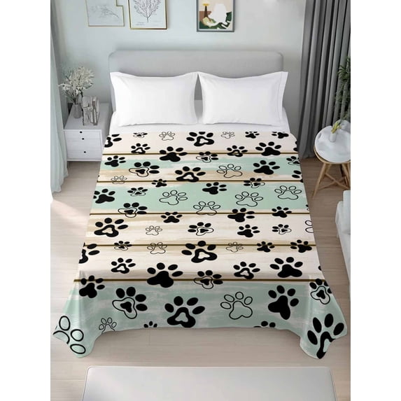 Sage Green Beige Farmhouse Twim XL Size Flat Sheet, Wrinkleproof & Fadeproof Cooling Flat Bed Sheet Only, Black Dog Paw Vintage Wooden Breathable Soft Bedding Top Sheets 66 x 102 Inches