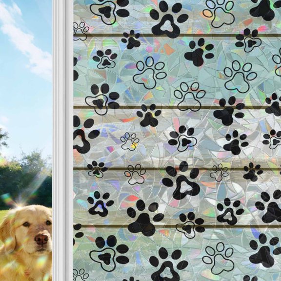 Sage Green Beige Farmhouse Window Privacy Film Stain Glass,Reusable Decorative Rainbow Window Film,Black Dog Paw Vintage Wooden Static Cling Sun Blocking Stickers Decals Covers 23.6" x 78.7" (2pcs)