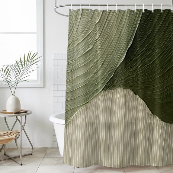 Sage Green Beige Long Shower Curtain Set, Waterproof Shower Curtains for Bathroom, Abstract Waves Lines Modern Art Washable Fabric Cloth Bath Curtain for Bathtub Decoration with Hooks 72x84 Inches