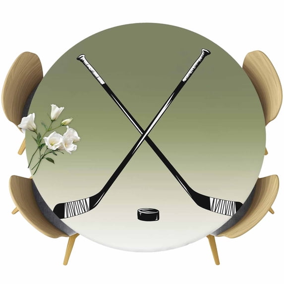 Sage Green Beige Round Tablecloth, Fitted Table Cover with Elastic for 55"-60" Round Tables, Ombre Ice Hockey Ball Sport Game Table Cloth Outdoor Indoor Dinning Party Waterproof Tablecloths