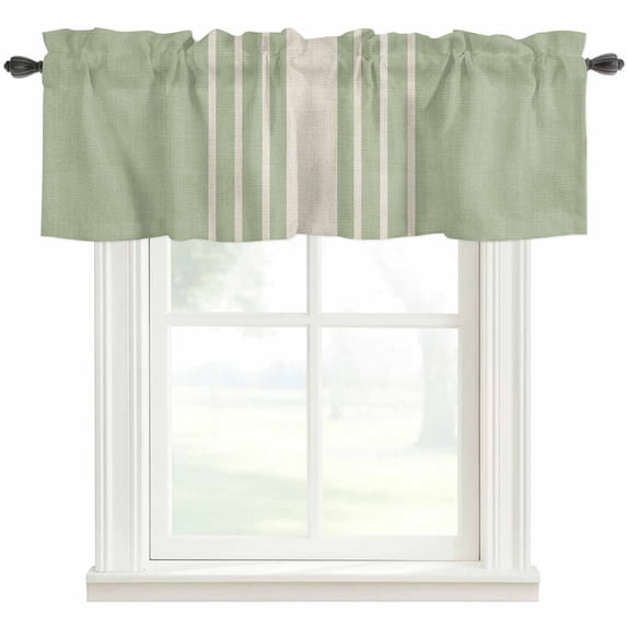Sage Green Beige Striped Kitchen Valances for Windows, Modern Farmhouse Retro Lines Bathroom Window Valances 42x12 Inch Rod Pocket Window Treatments Valance Curtains for Living Room Bedroom Decor