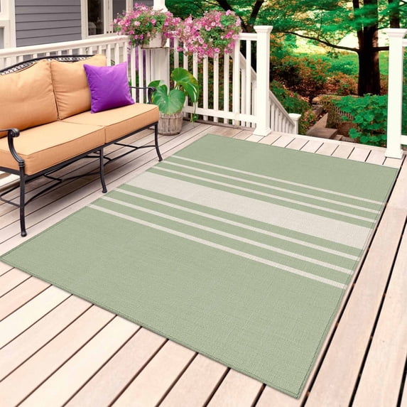 Sage Green Beige Striped Outdoor Rug for Patio/Deck/Porch, Non-Slip Large Area Rug 3 x 5 Ft, Modern Farmhouse Retro Lines Indoor Outdoor Rugs Washable Area Rugs, Reversible Camping Rug Carpet Runner