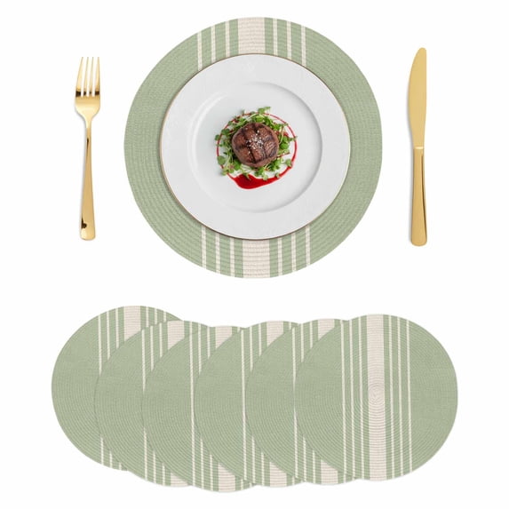 Sage Green Beige Striped Round 13 Inch Placemats Set of 6, Modern Farmhouse Retro Lines HeatResistant Non Slip Place Mats for Dining Table, Wipeable Braided Kitchen Table Mats for Housewarming