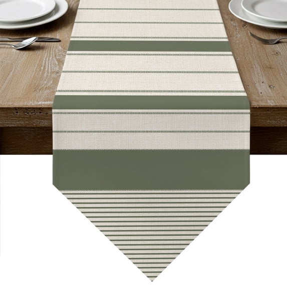 Sage Green Beige Striped Table Runner Linen Burlap Table Runner 72 Inches Long Farmhouse Stripes Cottagecore Dresser Scarves for Kitchen Island Coffee Dining Room Party Holiday Decoration 14"x72"