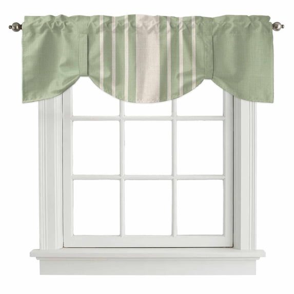 Sage Green Beige Striped Tie Up Valance Curtains for Windows, Kitchen Curtains Window Treatments, Modern Farmhouse Retro Lines Short Window Shades Valances for Bedroom Bathroom Cafe 54"x18"