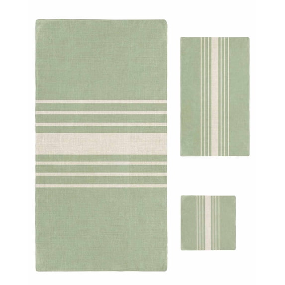 Sage Green Beige Striped Towel Set of 3, Soft Microfiber Bath Towels, Hand Towel, Washcloths, Modern Farmhouse Retro Lines Quick-Dry Absorbent Towels for Bathroom Kitchen Hotel Beach Gym Spa