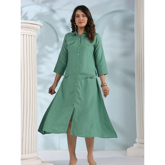 Sage Green Belted Shirt Dress in Textured Crepe