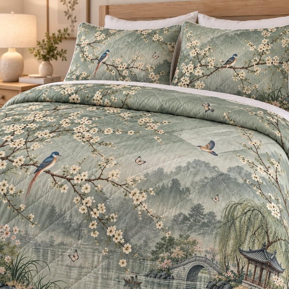Sage Green Bird Quilt Bedding Set, Asian Landscape Bedspread, Blossom Botanical Quilt, Oriental Nature Bedroom Decor