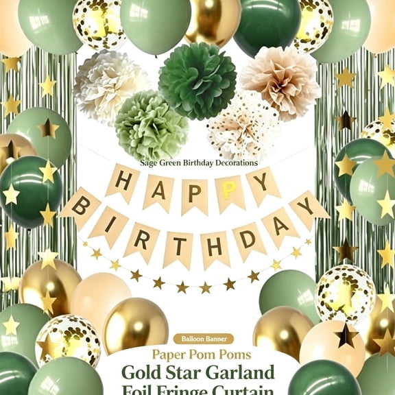 Sage Green Birthday Decorations  Olive Green Happy Birthday Party Decorations Set with Nude Retro Gold Balloons, Banner, Paper Pom Poms & Greenery, Neutral Rustic Dcor(Green)