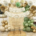 thumbnail image 1 of Sage Green Birthday Party Decorations with Happy Birthday Banner,Gold Fringe Curtain,Green Tablecloth,Tissue Pompoms, Olive Green Blush Gold Metallic Latex Balloons for Girls Women Birthday Decor, 1 of 8