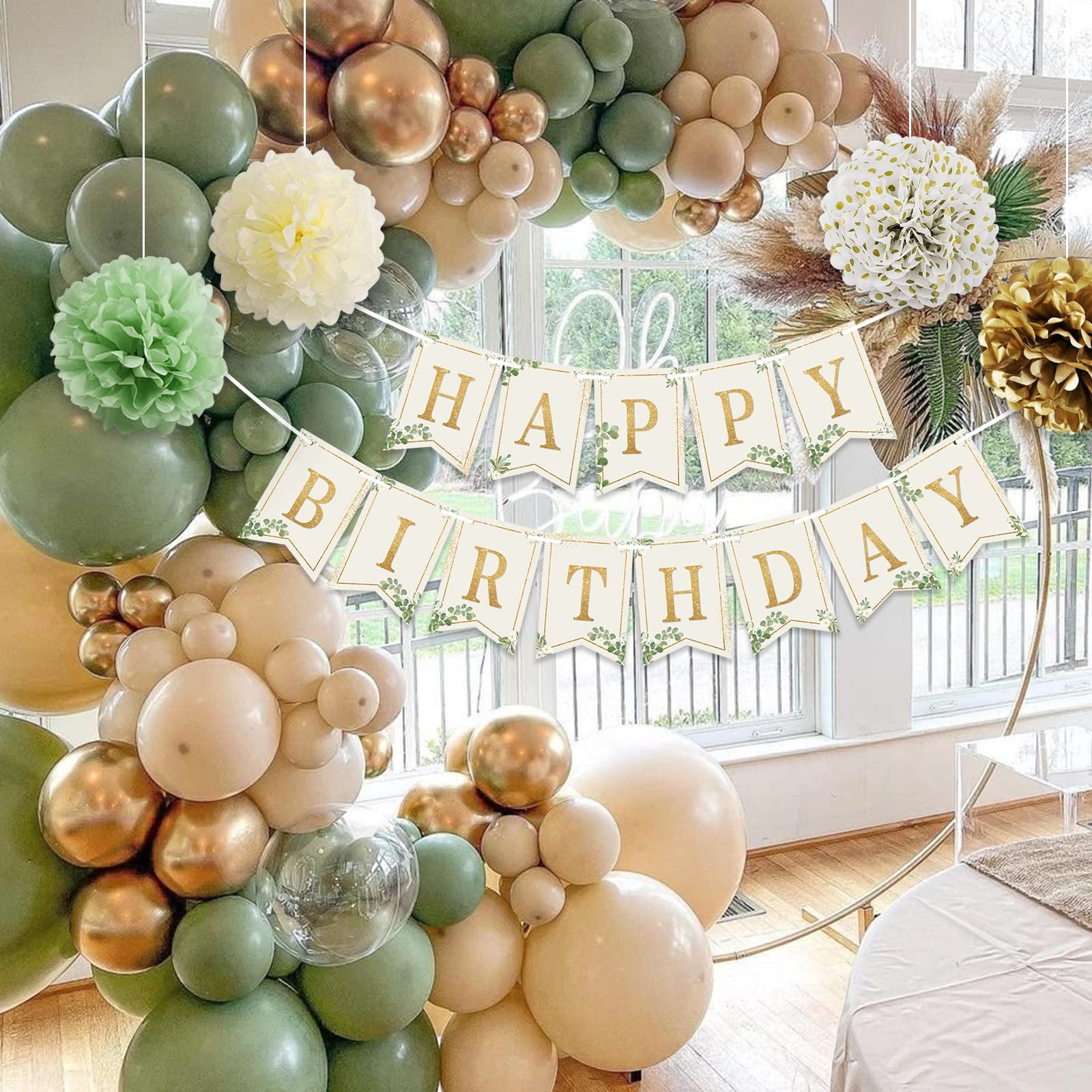 Metallic Sage Green & Gold Birthday Party Decor: Balloons, Pom Poms
