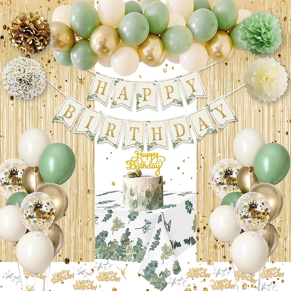 Sage Green Birthday Party Decorations with Happy Birthday Banner, Gold Fringe Curtain, Tissue Pompoms for Girls Women Birthday Decor