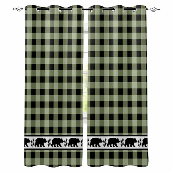 Sage Green Black Blackout Curtains 45 Inches Long for Bedroom, Farmhouse Vintage Bear Buffalo Plaid Thermal Insulated Room Darkening Black Out Window Curtain Panels Grommet Drapes for Living Room
