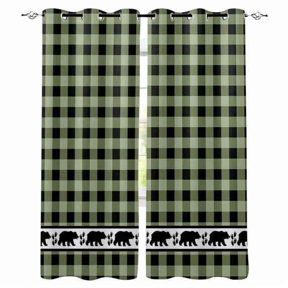 Sage Green Black Blackout Curtains 54 Inches Long for Bedroom, Farmhouse Vintage Bear Buffalo Plaid Thermal Insulated Room Darkening Black Out Window Curtain Panels Grommet Drapes for Living Room