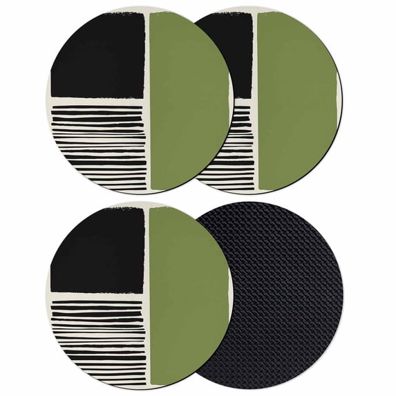 Sage Green Black Coasters Set of 4, Absorbent Coasters for Drinks, Farmhouse Striped Modern Abstract Art Coaster for Desk Coffee Table Protection, Home Decor House Warming Gifts 4"