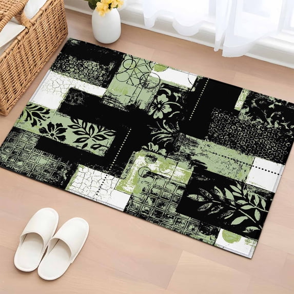 Sage Green Black Entryway Rug 2'x3' Non Slip Front Door Mats, Modern Abstract Art Botanical Entrance Rugs Indoor Outdoor Carpet, Washable Floor Mats Small Area Rug for Bedroom Kitchen