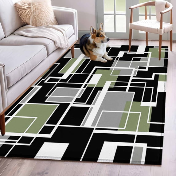 Sage Green Black Geometric Area Rugs 2.7'x5', Washable Small Throw Rugs for Kitchen Bedroom, Modern Abstract Art Block Indoor Outdoor Rug Non-Slip Low Pile Carpet Runner Reversible Floor Mats