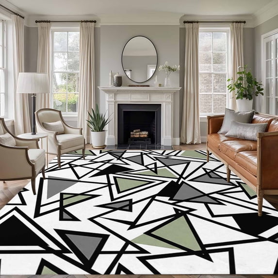 Sage Green Black Geometric Area Rugs 5'x7', Washable Small Throw Rugs for Laundry Room Playroom, Abstract Art Modern Line Indoor Outdoor Rug Non-Slip Low Pile Carpet Runner Reversible Floor Mats