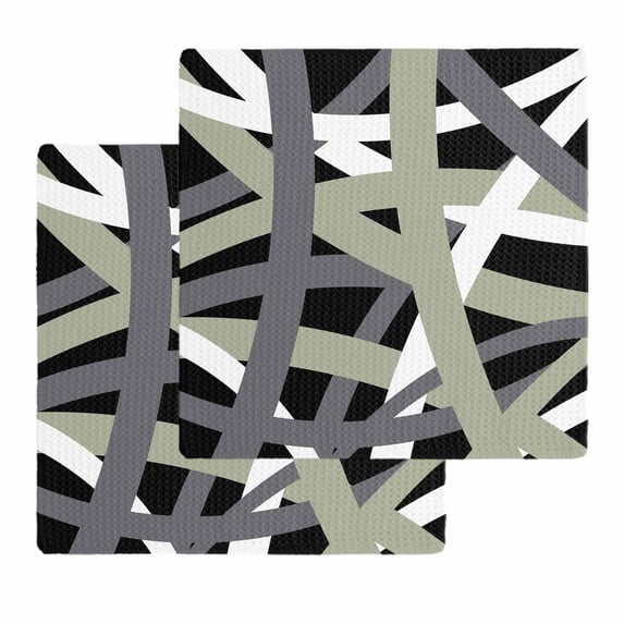 Sage Green Black Geometric Kitchen Dish Towels for Drying Dishes Set of 2, Modern Art Abstract Grey Line Waffle Weave Microfiber Hand Tea Bathroom Towels Quick Dry & Absorbent Towel 12x12