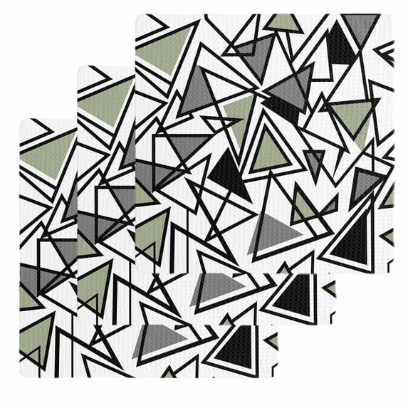 Sage Green Black Geometric Kitchen Dish Towels for Drying Dishes Set of 3, Abstract Art Modern Line Waffle Weave Microfiber Hand Tea Bathroom Towels Quick Dry & Absorbent Towel 12x12