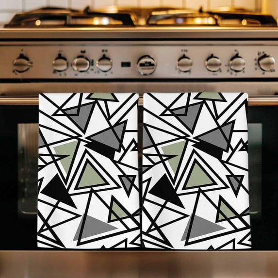 Sage Green Black Geometric Kitchen Towels Set of 1, Abstract Art Modern Line Absorbent Dish Towels for Kitchen, Microfiber Hand Towel, Quick Drying Tea Towel for Cleaning Decorative Dishcloths