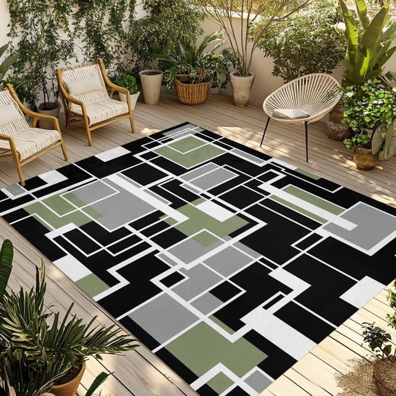 Sage Green Black Geometric Outdoor Rug for Patio/Deck/Porch, Non-Slip Large Area Rug 5 x 7 Ft, Modern Abstract Art Block Indoor Outdoor Rugs Washable Area Rugs, Reversible Camping Rug Carpet Runner