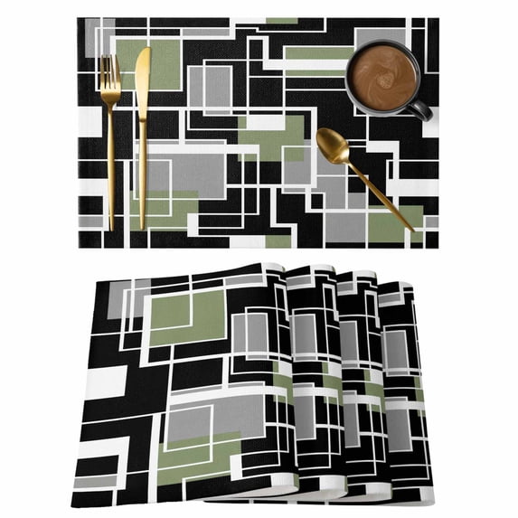 Sage Green Black Geometric Placemats Set of 4 Modern Abstract Art Block Place Mats Indoor Wipeable Table Mats Washable Cloth Dining Table Placemats for Kitchen Holiday Party Home Decor 13x19 Inch