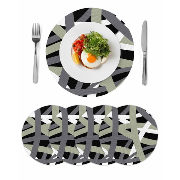Sage Green Black Geometric Round 15 Inch Placemats Set of 4, Modern Art Abstract Grey Line HeatResistant Non Slip Place Mats for Dining Table, Wipeable Braided Kitchen Table Mats for Housewarming