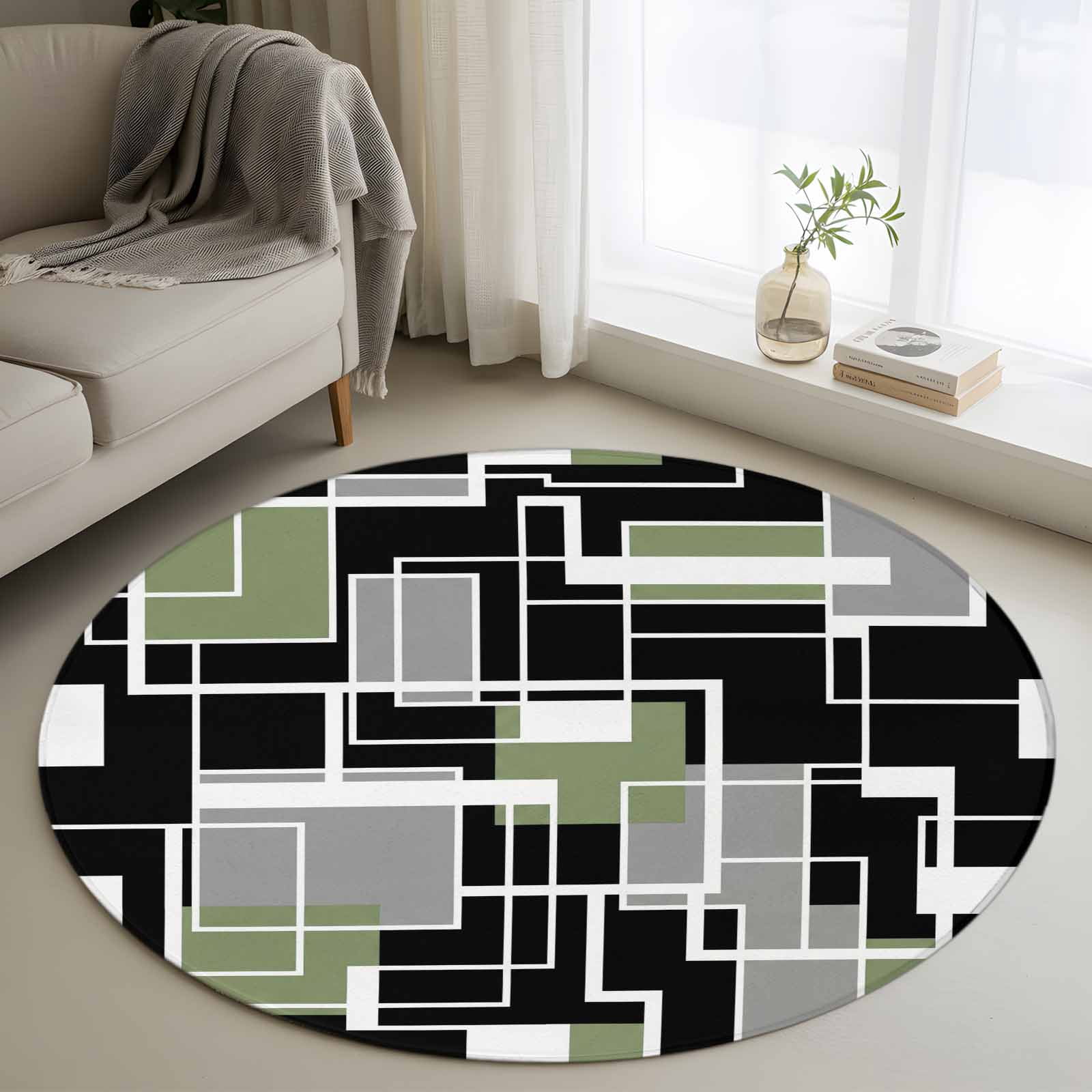 Sage Green Black Geometric Round Area Rug 4Ft Washable Circle Rugs for Bedroom Dining Room, Modern Abstract Art Block Non-Slip Carpet Floor Mats Indoor Outdoor Carpet Runner Aesthetic Home Decor