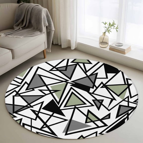 Sage Green Black Geometric Round Rug 3ft Washable Circle Entryway Rugs Non Slip Abstract Art Modern Line Area Rug Indoor Floor Carpet for Bedroom Kitchen Living Room Home Office Dining Room Nursery