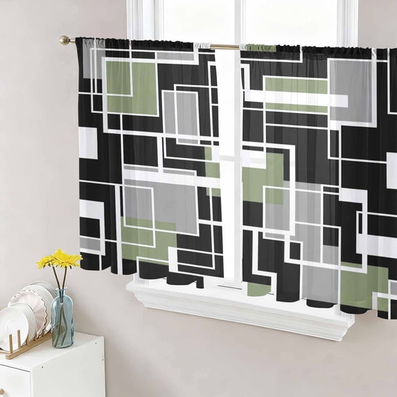 Sage Green Black Geometric Sheer Curtains 54 Inch Length 2 Panels Set, Modern Abstract Art Block Voile Window Treatment Rod Pocket Short Kitchen Curtains Drapes for Bedroom 52"x54"x2