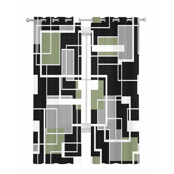 Sage Green Black Geometric Sheer Curtains 84 Inch Length 2 Panels Set for Living Room/Bedroom, Modern Abstract Art Block Kitchen Curtains Grommet Semi-Sheer Curtains Window Treatments 42"x84"x2