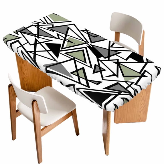 Sage Green Black Geometric Table Cloths for 5 Foot Rectangle Tables, Abstract Art Modern Line Patio Waterproof Elastic Fitted Tablecloths, Washable Rectangular Table Cover for Camping