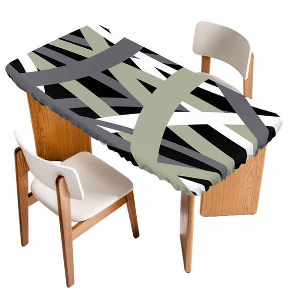 Sage Green Black Geometric Table Cloths for 5 Foot Rectangle Tables, Modern Art Abstract Grey Line Patio Waterproof Elastic Fitted Tablecloths, Washable Rectangular Table Cover for Camping